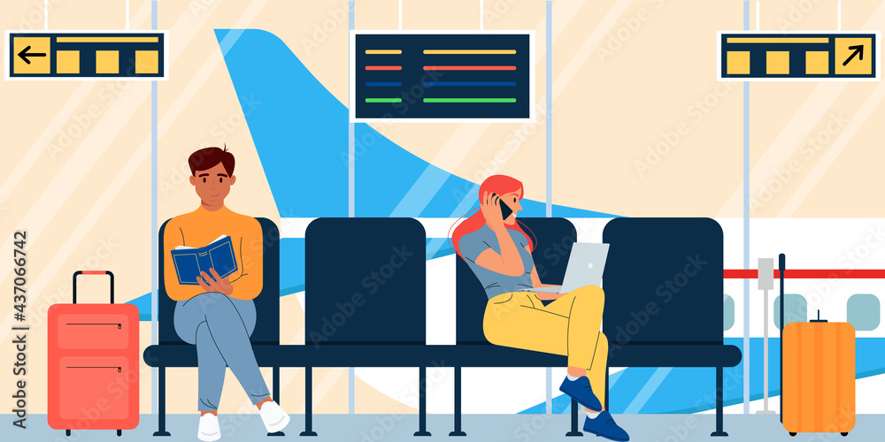 Vetor do Stock People with luggage waiting to board the plane are