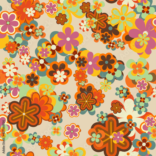 Colorful Floral Vector Seamless Pattern. Retro 70s Style Nostalgic Fashion Textile Bold Background. Summer Resort Print. Daisies. Flower Power