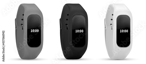 Fitness bracelet Collection of smart band. Realistic set of bright concepts on the use of fitness bracelets. Bracelet with run activity tracking.