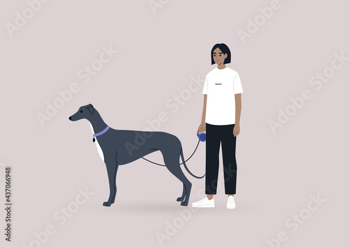 A young female character walking with a graceful black greyhound dog on a leash, modern urban lifestyle