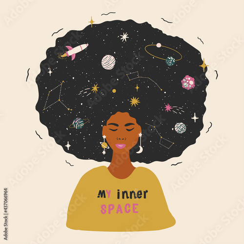 The concept of spirituality and mental health. Beautiful black woman with cosmic afro hair. Space illustration for printing on a T shirt, postcard, pillow, poster, textile and more.