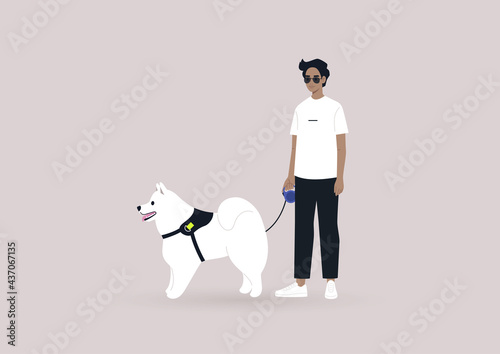 A young male character walking with their samoyed fluffy dog, modern urban lifestyle