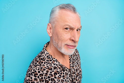 Photo of interested curious old man look you question face wear casual clothes isolated on blue color background
