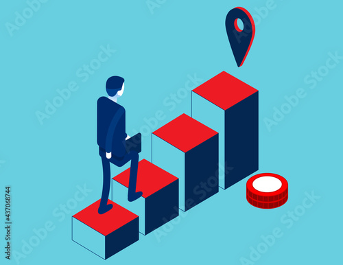 Business person in going upstairs by column chart with goal. Career growth isometric