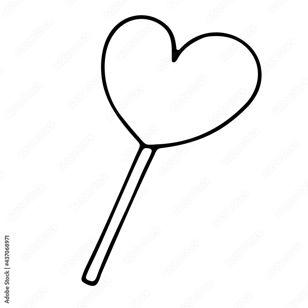 Doodle candy in the shape of a heart. Lollipop isolated on white background. Hand-drawn outline sweet dessert with cream for kids party, Easter, birthday, Valentines Day. Vector ice cream illustration Doodle candy in the shape of a heart. Lollipop isolated on white background. Hand-drawn outline sweet dessert with cream for kids party, Easter, birthday, Valentines Day. Vector ice cream illustration