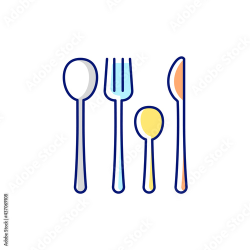 Forks, knives and spoons RGB color icon. Isolated vector illustration. Dinner accessories for eating at home. Kitchen equipment. Beautiful design of tableware simple filled line drawing.