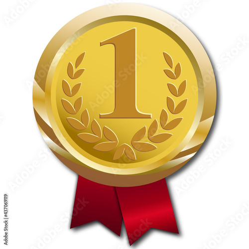 Champion Gold Medal Template with Red Ribbon. Icon Sign of First Place Isolated on Transparent Background. Vector Illustration