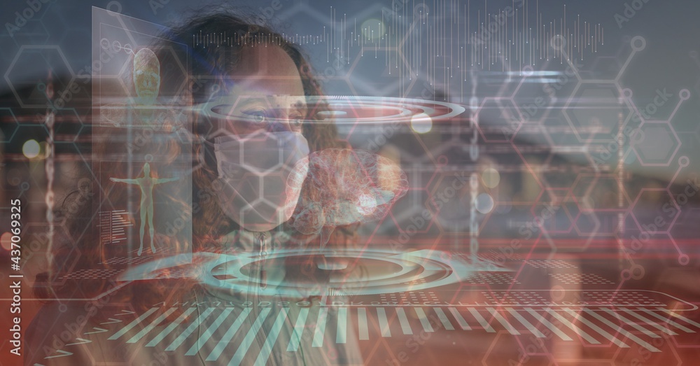 custom made wallpaper toronto digitalComposition of medical data processing over caucasian woman wearing face mask
