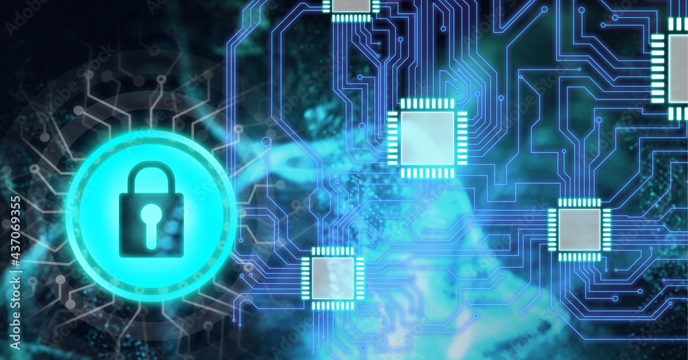 Composition of online security padlock icon over computer processor and circuit board Composition of online security padlock icon over computer processor and circuit board
