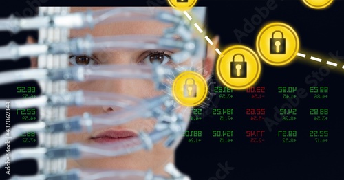 Composition of online security padlocks over caucasian woman and data processing