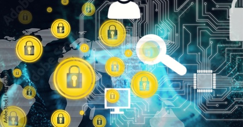 Composition of online security padlock icons over computer circuit board