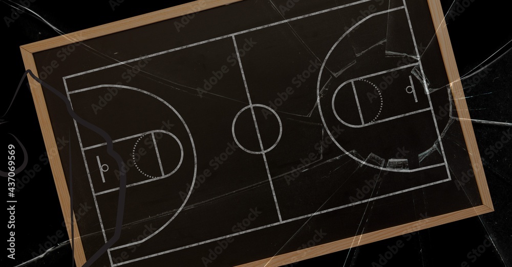 Fototapeta premium Composition of brown basketball court with cracked glass surface