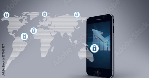 Wallpaper Mural Composition of network of online security padlock icons over statistics on smartphone Torontodigital.ca