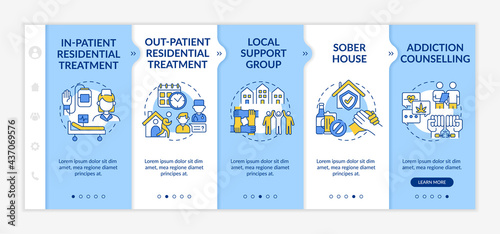 Rehabilitation types onboarding vector template. Responsive mobile website with icons. Web page walkthrough 5 step screens. In patient residential treatment color concept with linear illustrations