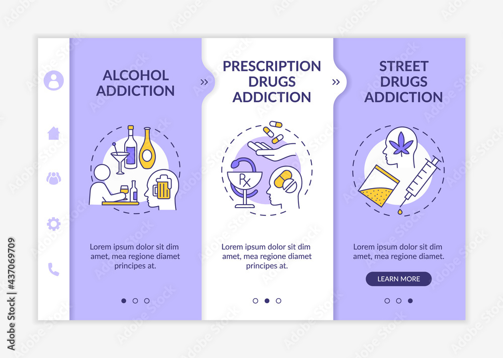 Addiction types onboarding vector template. Responsive mobile website with icons. Web page walkthrough 3 step screens. Alcohol drinking addiction color concept with linear illustrations