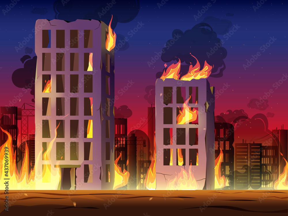 Destroyed City on Fire vector. Fire in burning buildings. Nuclear  radioactive armageddon Stock Vector | Adobe Stock