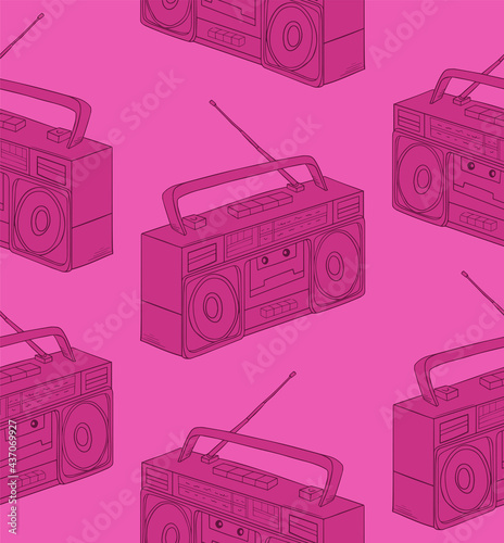 dark pink vector seamless pattern of cartoon retro tape recorders