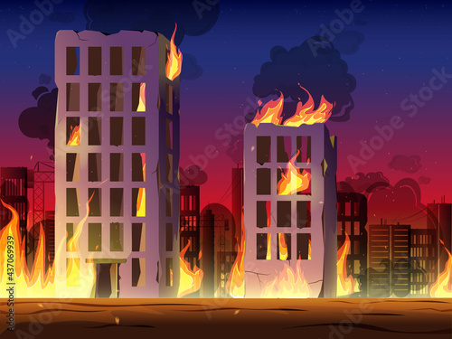 Destroyed City on Fire vector. Fire in burning buildings. Nuclear radioactive armageddon