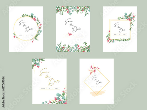 Beautiful floral wreath wedding invitation card template. Set of card with flower rose, leaves. Wedding ornament concept.