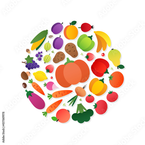 Organic food concept. Circle composition of vegetables and fruits drawn in a flat style. Vector 10 EPS.