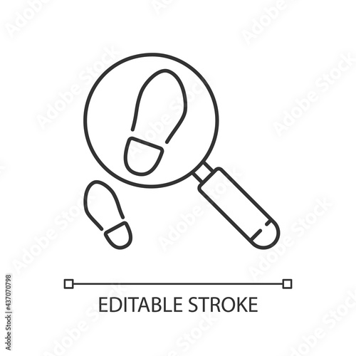 Looking for footsteps linear icon. Criminal investigation. Detective work. Clues for riddles. Thin line customizable illustration. Contour symbol. Vector isolated outline drawing. Editable stroke