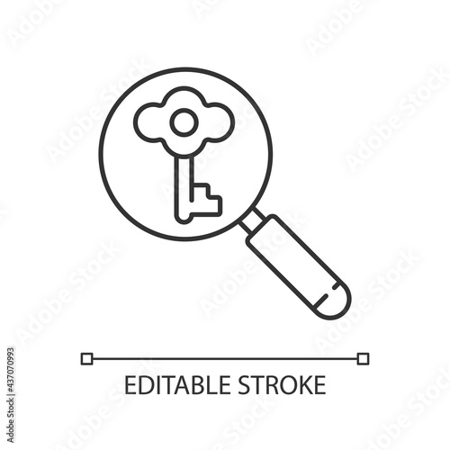 Looking for key linear icon. Investigating to solve problem. Searching for tips. Clues for riddle. Thin line customizable illustration. Contour symbol. Vector isolated outline drawing. Editable stroke