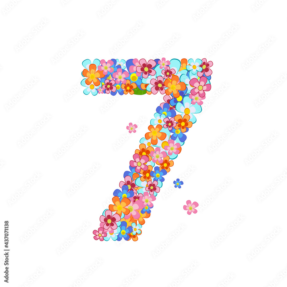 floral font with colorful tiny flowers. joyful number seven