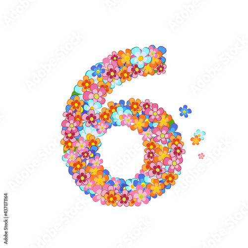 floral font with colorful tiny flowers. joyful number six