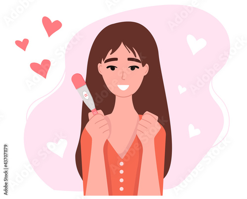 Happy young woman holding a pregnancy test. Positive result, two stripes. Pregnancy planning concept, difficulties of conception, fertilization.  Flat cute vector illustration.