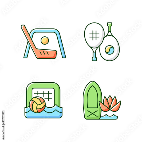 Summer camp activities RGB color icons set. Street hockey. Racket sport. Beach soccer. Stand up paddle board yoga. Isolated vector illustrations. Outdoor game simple filled line drawings collection