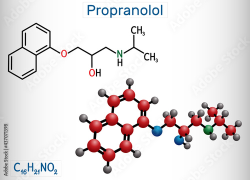 Propranolol molecule. It is synthetic, nonselective beta blocker, used to treat for hypertension. Structural chemical formula and molecule model.