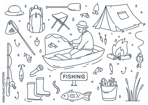 Fishing doodle elements set.