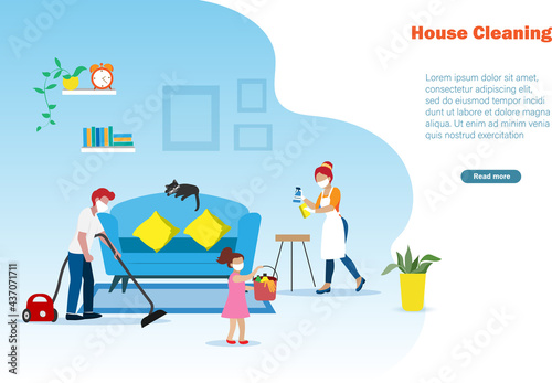Family cleaning house. Father, mother and daughter vacuuming floor, cleaning and wiping living room at home. Vector. 