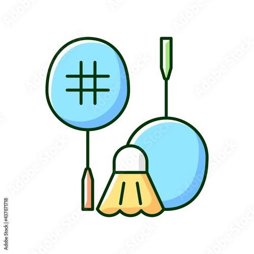Badminton RGB color icon. Hitting shuttlecock over net. Heart-racing workout. Recreational sport game. Isolated vector illustration. Fast-paced racket sport simple filled line drawing
