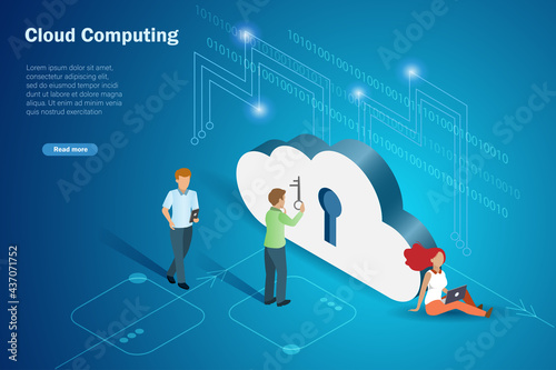 Businessman using key to unlock cloud computing service. Isometric vector for data protection, online digital cloud storage, exchanged on smart computer and mobile devices.