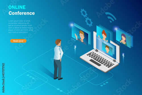 Businessman online conference, office meeting with colleagues in computer screen.