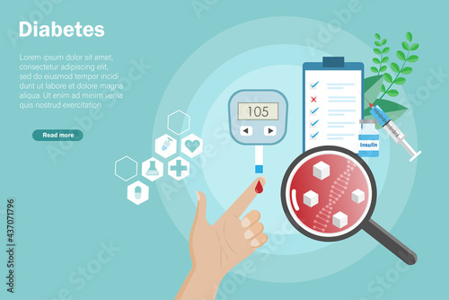 Diabetic measures sugar level in patient blood with magnifying glass, insulin syringe injection and check lists. Diabetes, illness, medical and healthcare treatment concept.