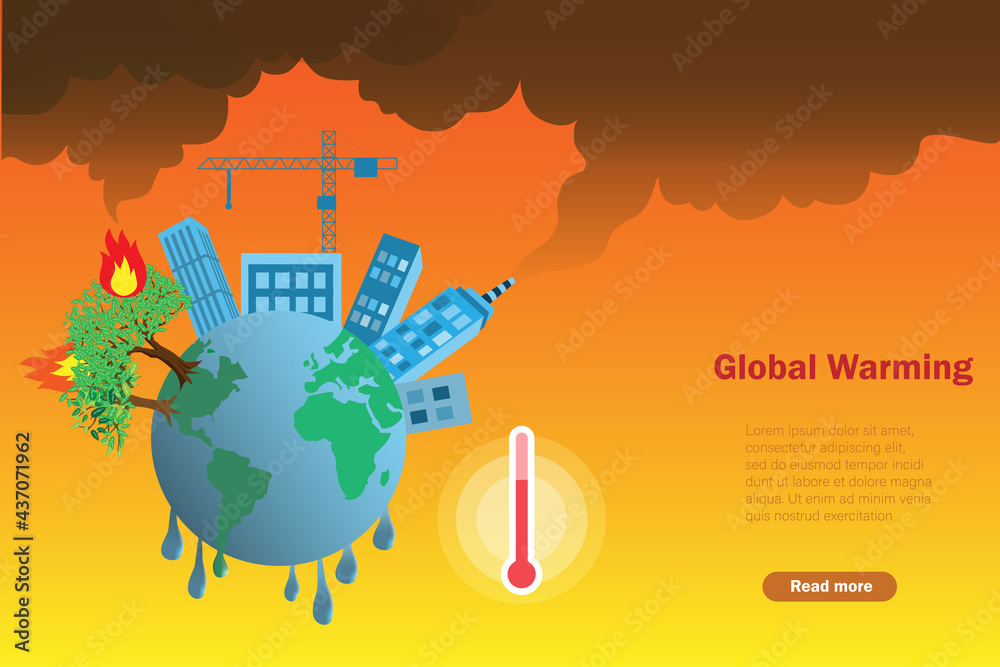 Disaster and pollution from forest fire and heat wave. World is melting from higher temperature. Global warming, climate change, save the forest, ecology and earthday concept.