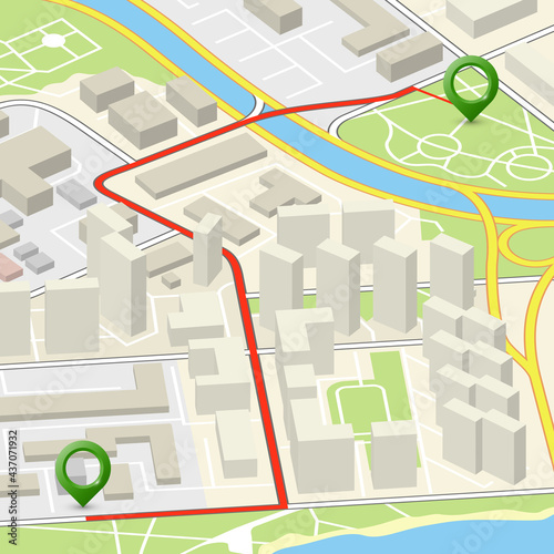 Isometric city map navigation, point markers background, 3d flat isometry drawing schema, 3D simple city plan GPS navigation, final destination arrow paper city map. Route delivery check point graphic