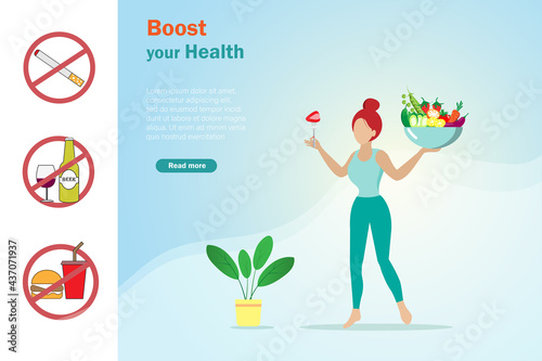 Healthy woman in fitness suit holding vegetables dish. Idea for boost your health and weight control. Balancing appropriated nutrition, avoid unhealthy foods and exercising for slim and healthy body.