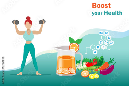 Healthy woman in fitness suit holding dumbbell with fruit and vegetable foods. Idea for boost your health and weight control. Balancing appropriated nutrition,exercising for slim and healthy body.