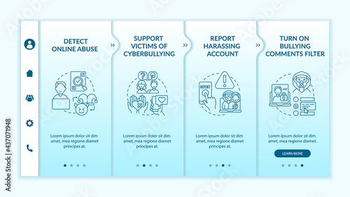 Cyberharassment prevention steps onboarding vector template. Responsive mobile website with icons. Web page walkthrough 4 step screens. Report harassing account color concept with linear illustrations