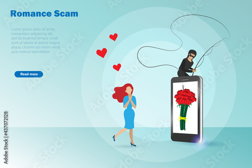 Hacker,scammer online chatting with woman and sending rose flowers on smartphone screen.