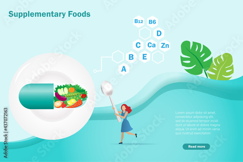 Happy woman with supplementary foods with fresh fruits and vegetable in capsule and vitamin icons. Idea for balancing proper nutrition foods in appropriate porportion. Healthy diet nutrition concept photo