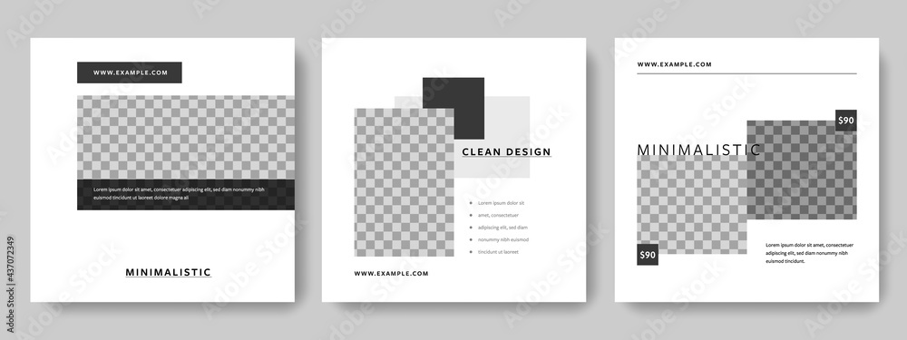Minimalistic social media layouts with white and black accent, modern business templates for instagram and facebook, web square banners for company promo Minimalistic social media layouts with white and black accent, modern business templates for instagram and facebook, web square banners for company promo