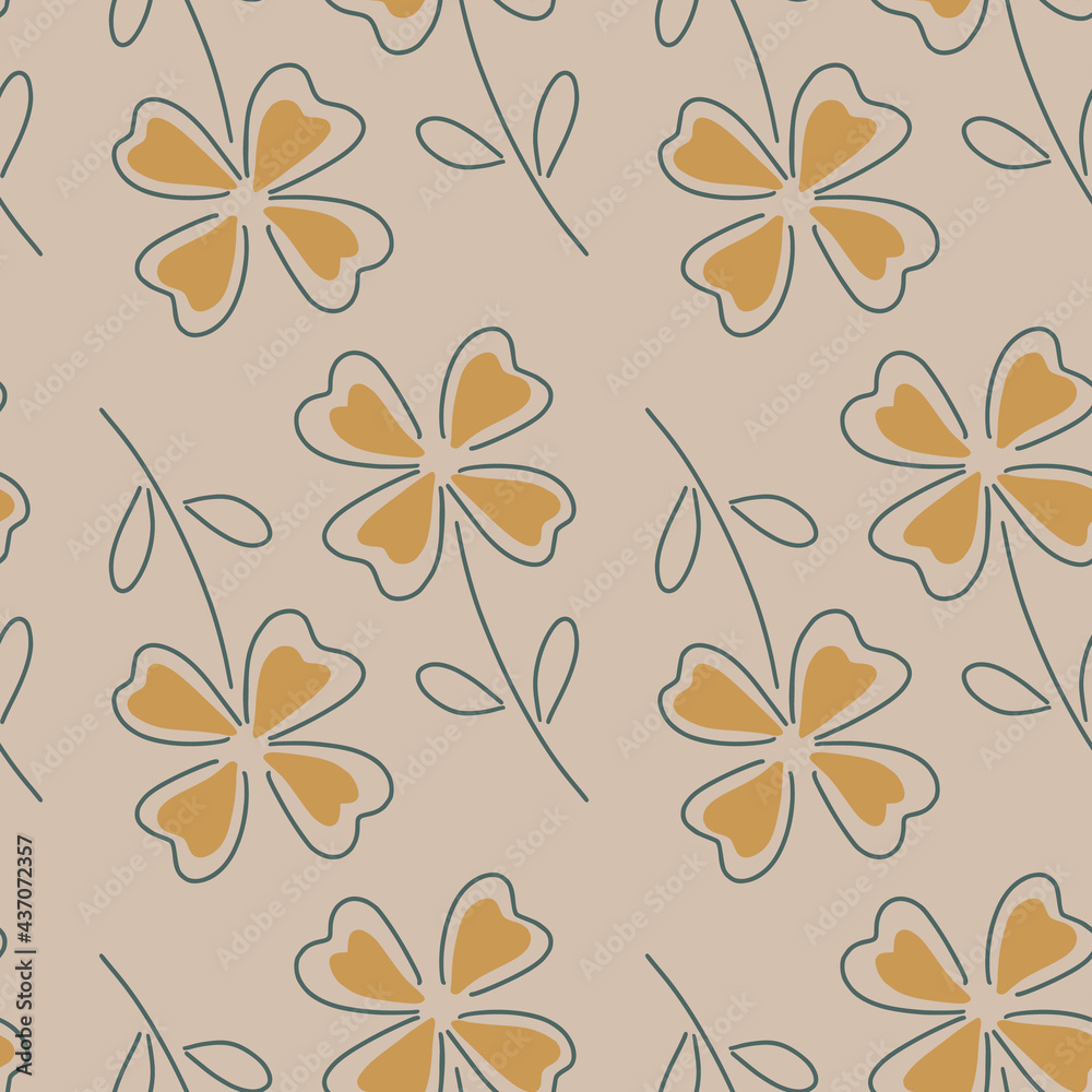 Sketch orange four-leaf clover seamless pattern in simple style. Pale lilac background. Simple print.