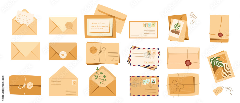 Set of craft envelopes, letters, post cards. Kraft envelopes with post stamp, post mark, paper letter, tags and greeting card. Gift wrapping and mail sending concept. Vector illustration Set of craft envelopes, letters, post cards. Kraft envelopes with post stamp, post mark, paper letter, tags and greeting card. Gift wrapping and mail sending concept. Vector illustration