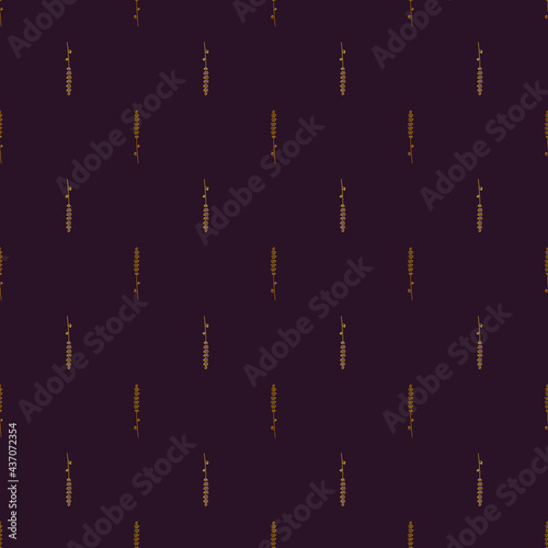 Decorative little lavender seamless pattern in doodle style. Dark brown background. Organic backdrop.