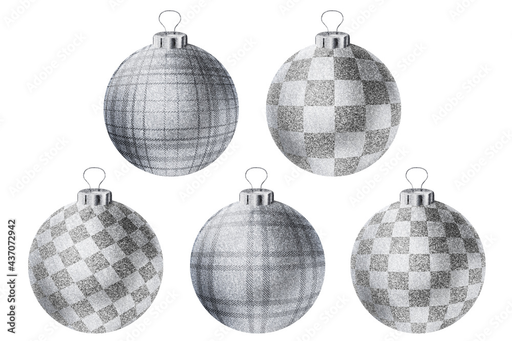 Obraz premium Decorative round Christmas balls. Fur- tree classic round toys 3d set isolated
