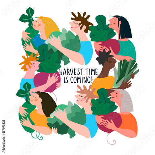 Happy multiracial people holding giant vegetables on white backdrop. Harvest Time Is Coming hand-lettered quote. Vector background. Concept of harvesting, agritourism